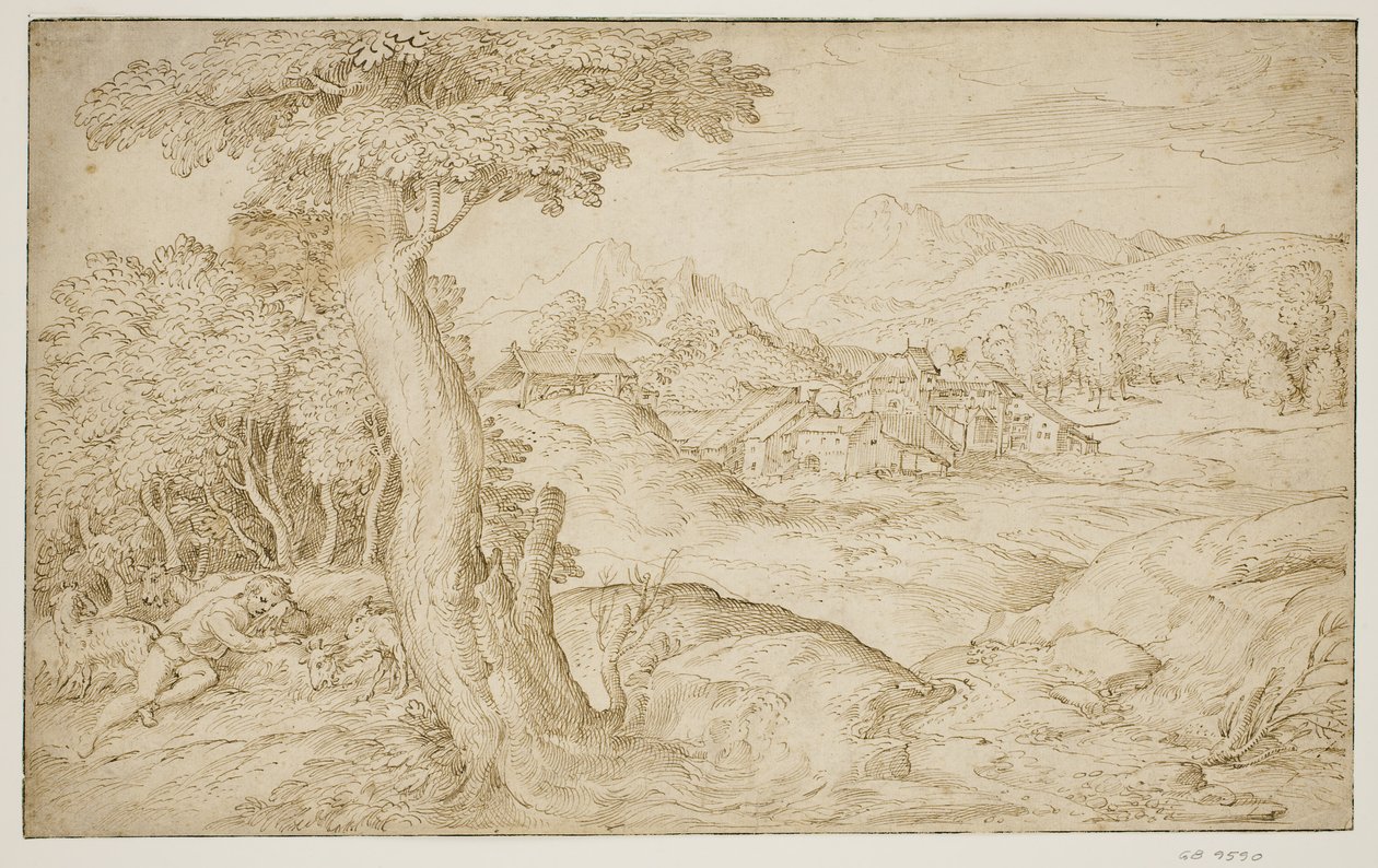 Paysage avec une ville et un berger endormi - Domenico Campagnola