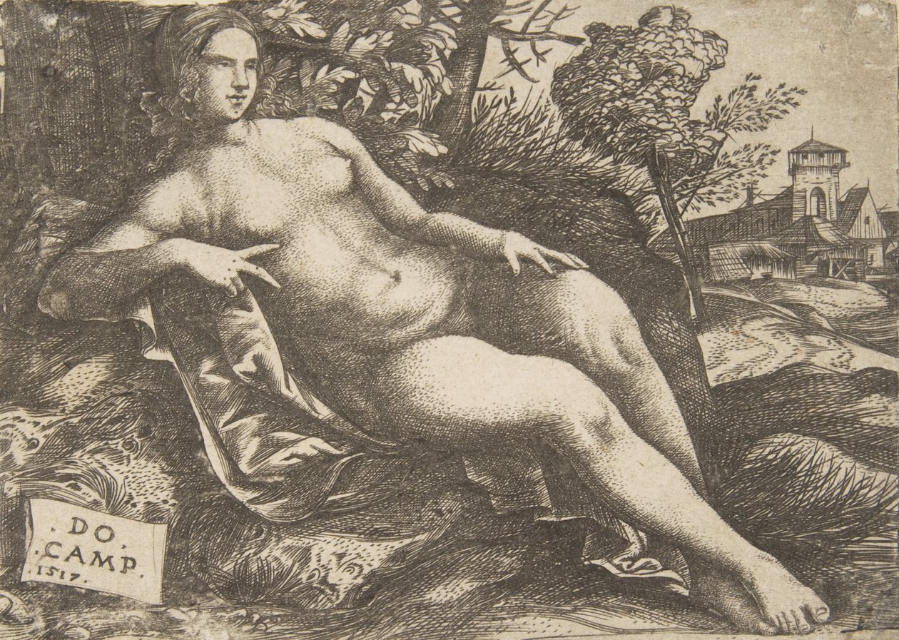 Femme nue Vénus allongée dans un paysage - Domenico Campagnola