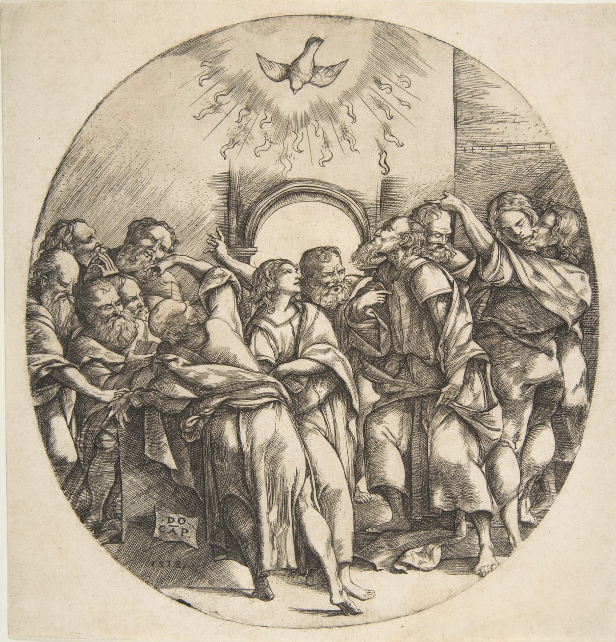 Le Saint-Esprit comme un oiseau descendant avec des ailes déployées au centre supérieur, les douze Apôtres - Domenico Campagnola