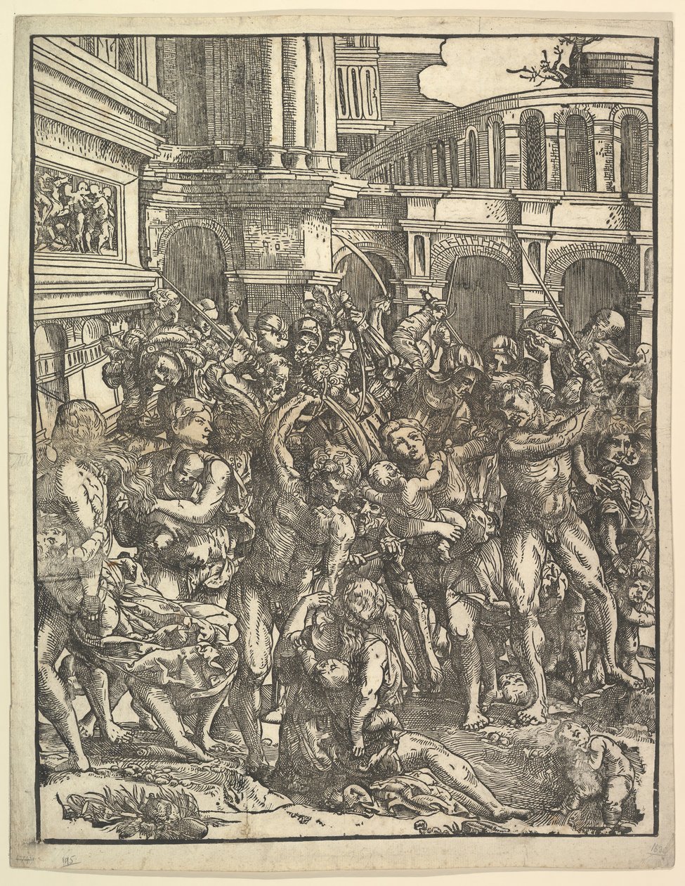 Le Massacre des Innocents côté droit avec un groupe de figures masculines attaquant des femmes et..., 1517 - Domenico Campagnola