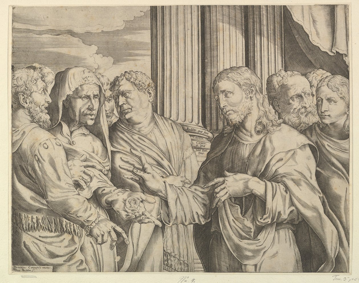 Le paiement du tribut : Christ au centre droit faisant un geste vers un homme à sa gauche avec des pièces de monnaie, vers 1564-89 - Domenico Campagnola