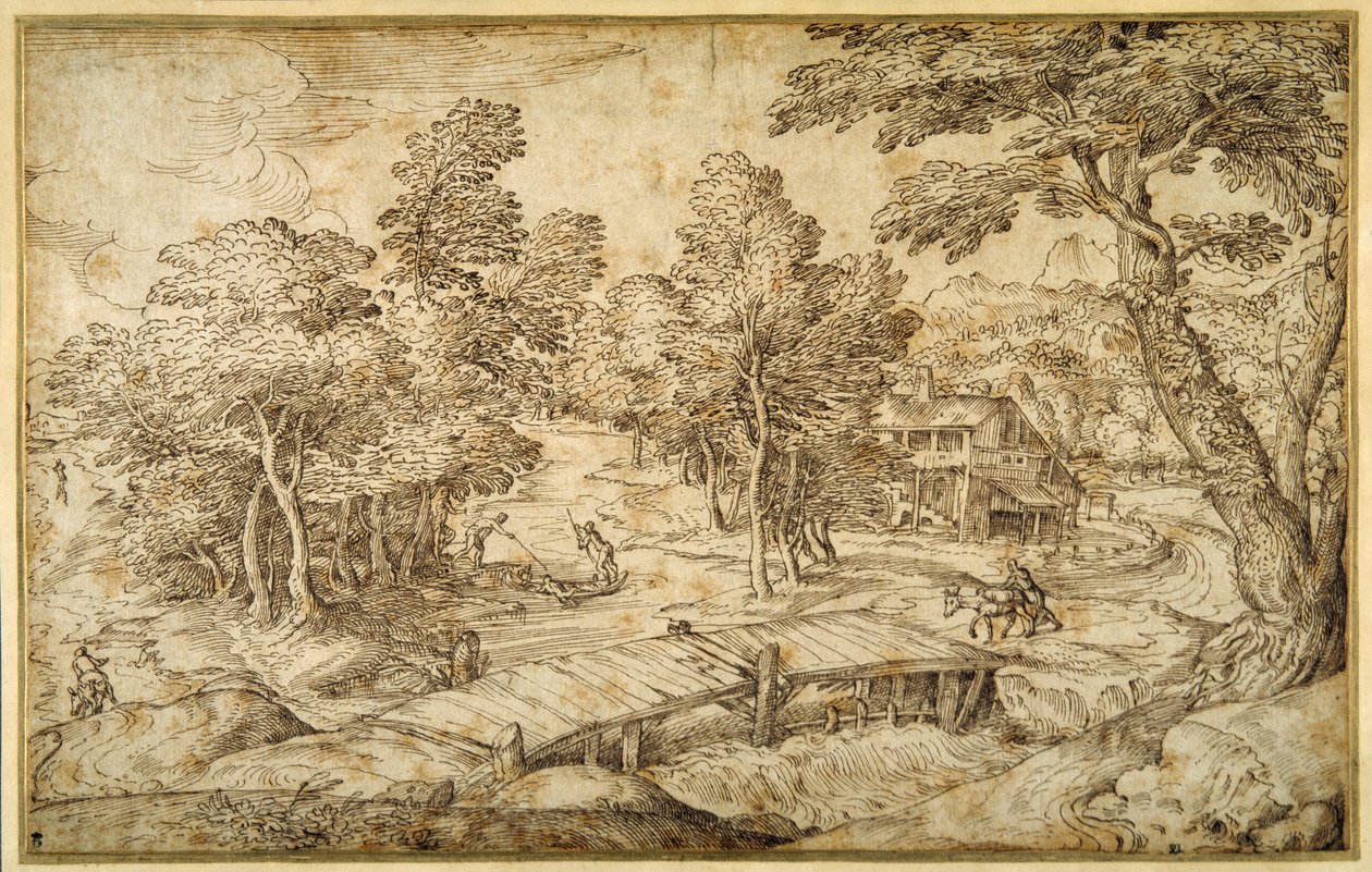 Paysage boisé avec une ferme et un pont en bois sur une écluse - Domenico Campagnola