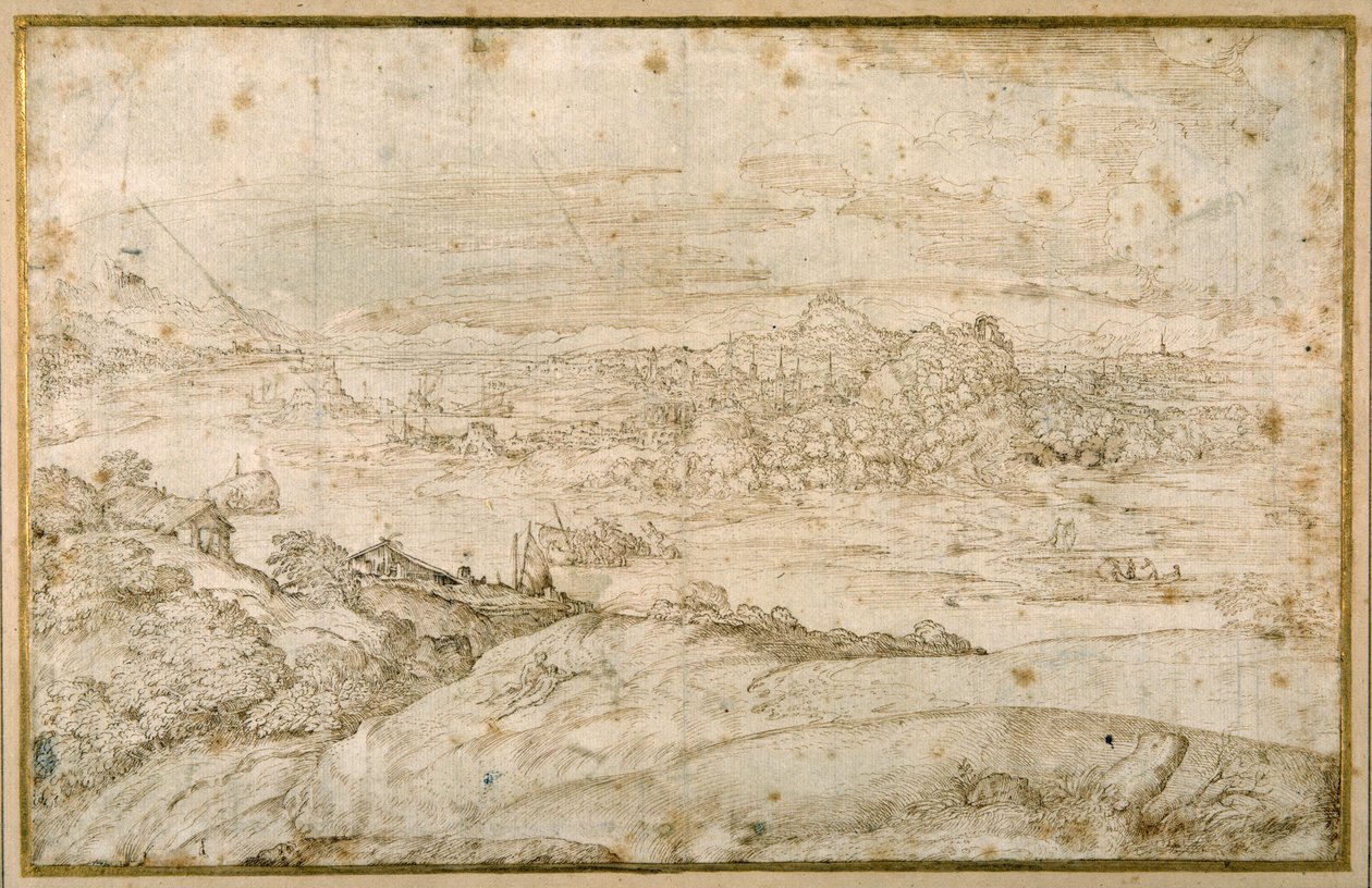 Paysage boisé avec une rivière sinueuse; au loin une ville, un mélange de flèches et de dômes avec des ruines antiques - Domenico Campagnola