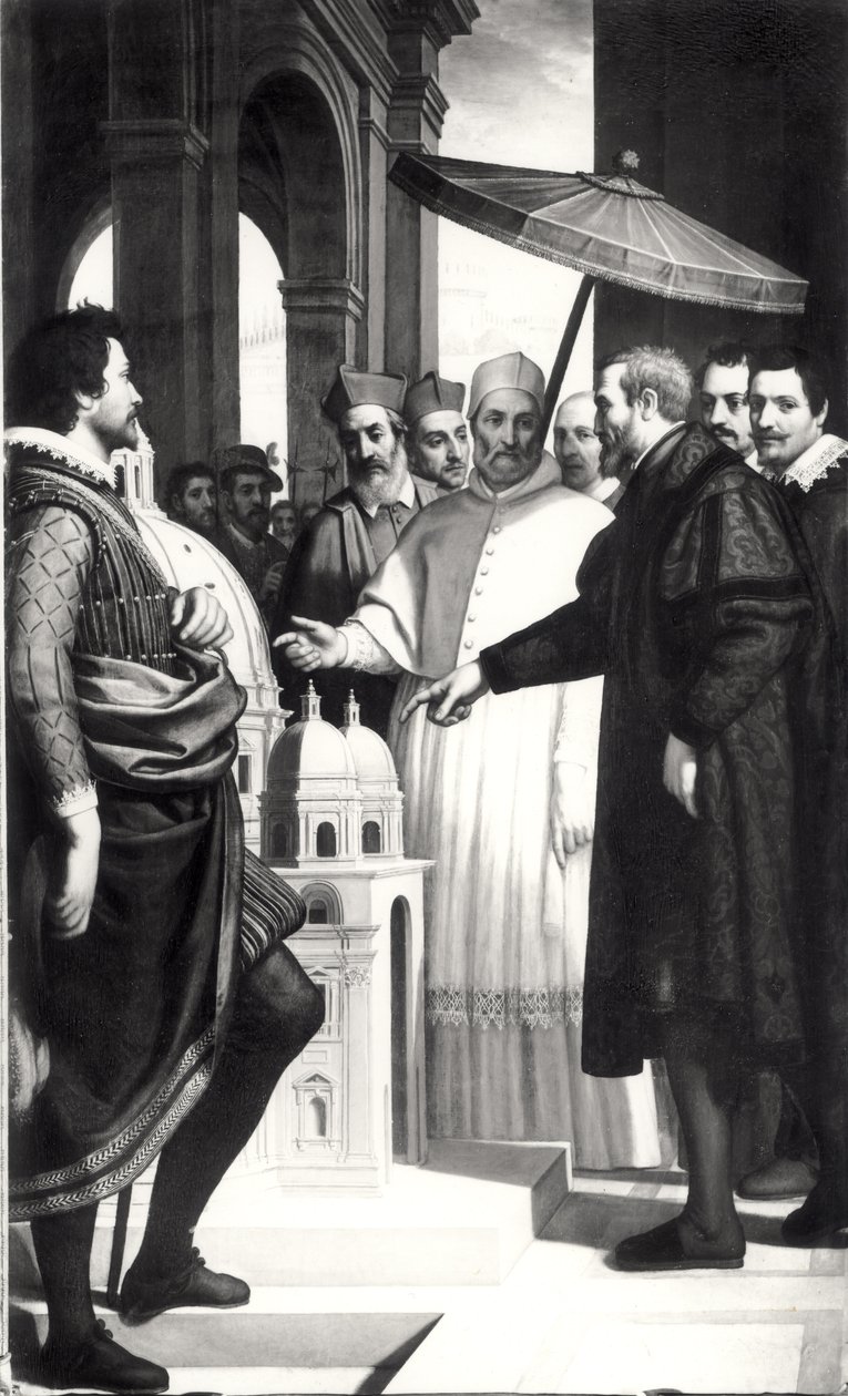 Michel-Ange (1475-1564) présentant un modèle du dôme de Saint-Pierre au pape Paul IV (1476-1559) - Domenico Cresti