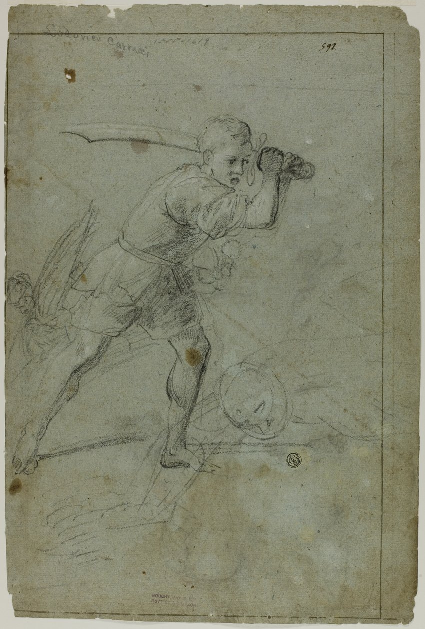 David décapitant Goliath (recto); Esquisse de figure féminine drapée avec le bras droit levé au-dessus de la tête (verso) - Domenico Fiasella