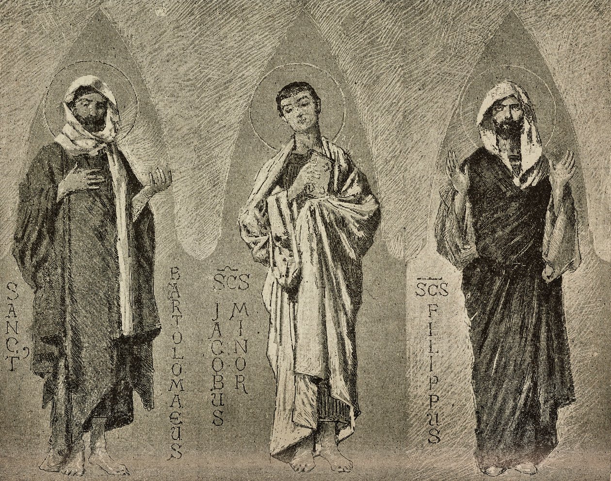 Saints Barthélemy, Jacques le Mineur et Philippe, cartons de Domenico Morelli pour la mosaïque de la cathédrale d