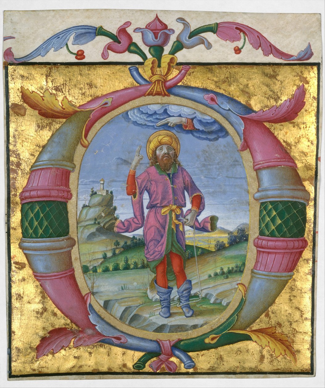 David avec son pied dans un nœud dans une initiale O, vers 1500. - Domenico Morone