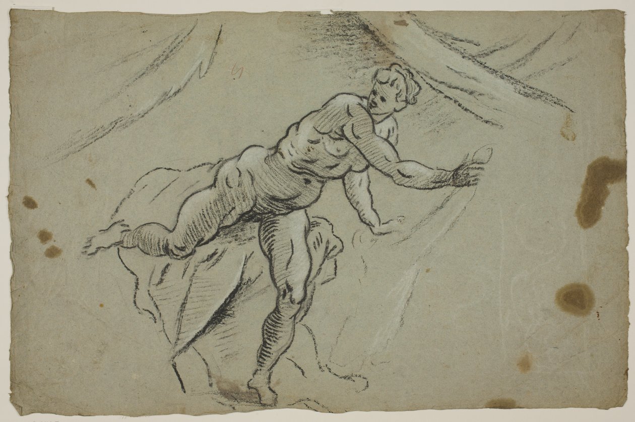 Femme nue avec un morceau de tissu dans les mains quittant précipitamment une tente - Domenico Tintoretto