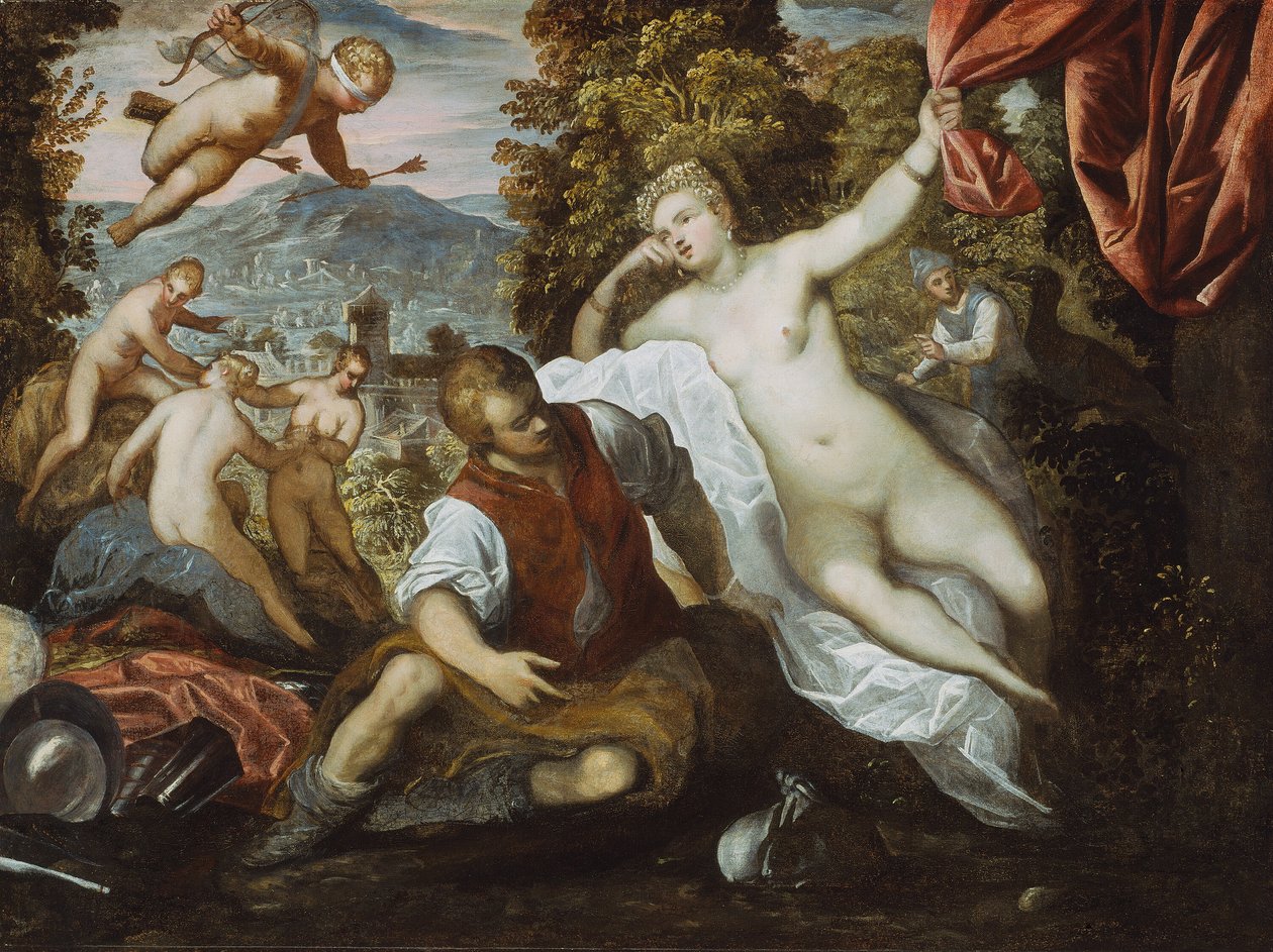 Vénus et Mars avec Cupidon et les trois Grâces dans un paysage - Domenico Tintoretto