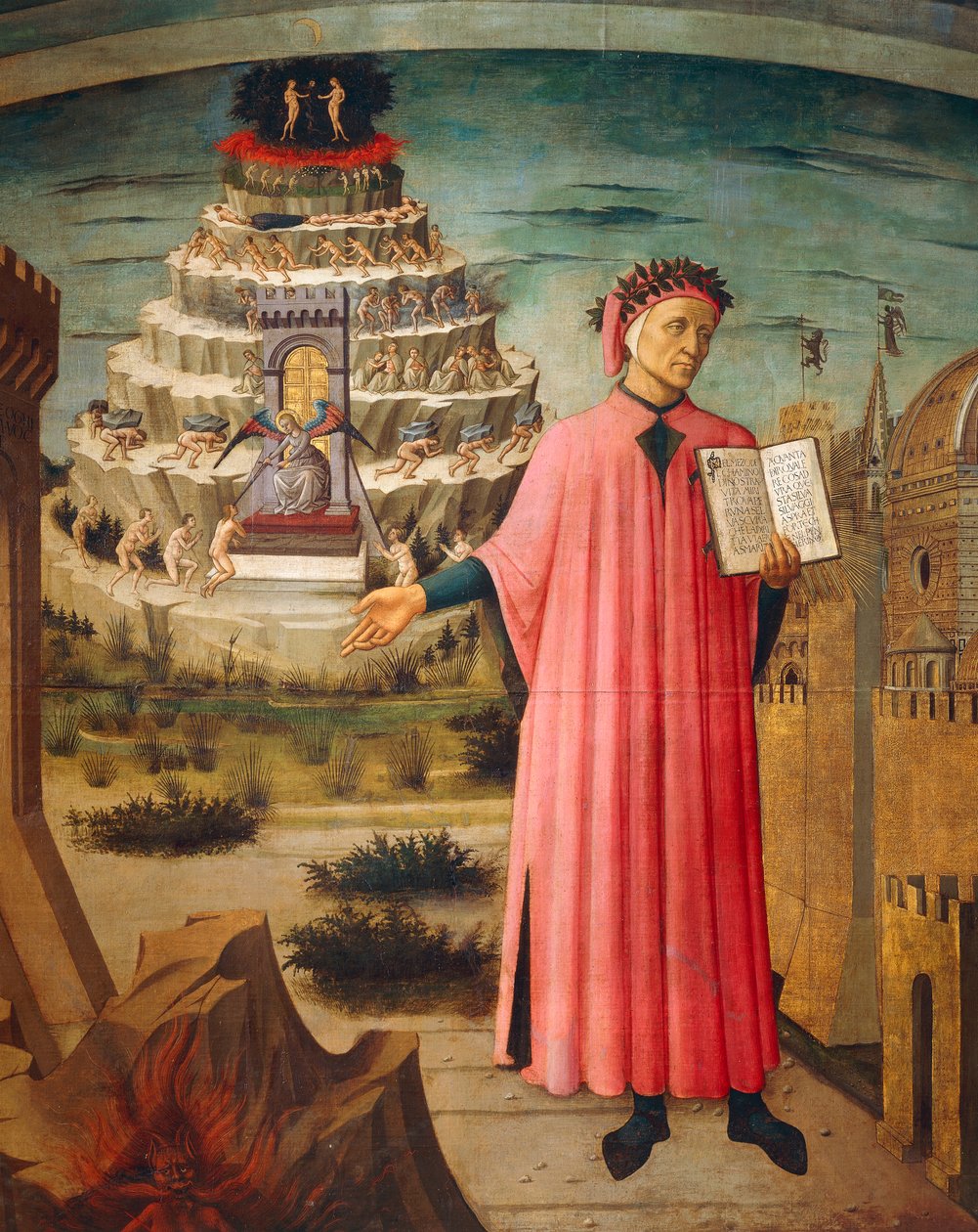 Dante Alighieri avec la Divine Comédie à la main et les montagnes du purgatoire en arrière-plan (détail) - Domenico di Michelino