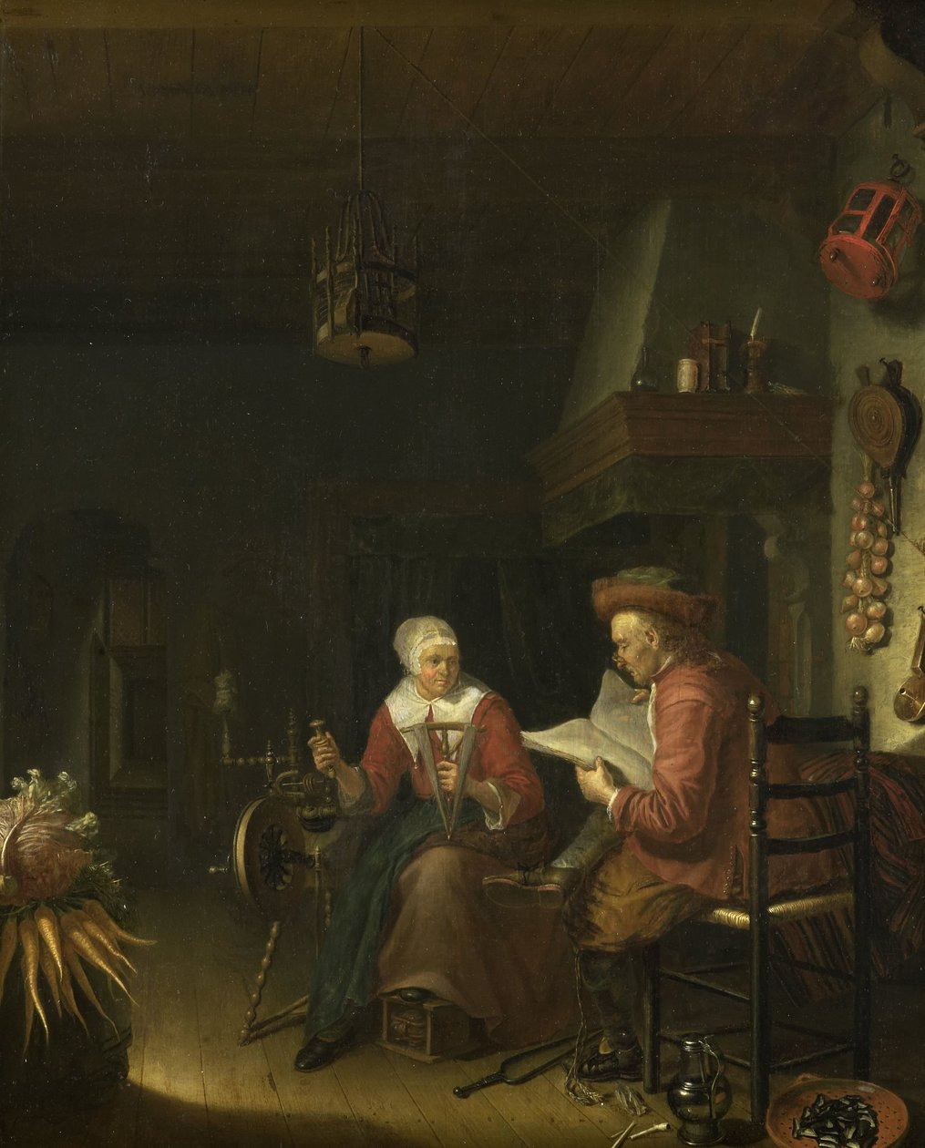 Intérieur avec un homme lisant et une femme filant du fil - Domenicus van Tol