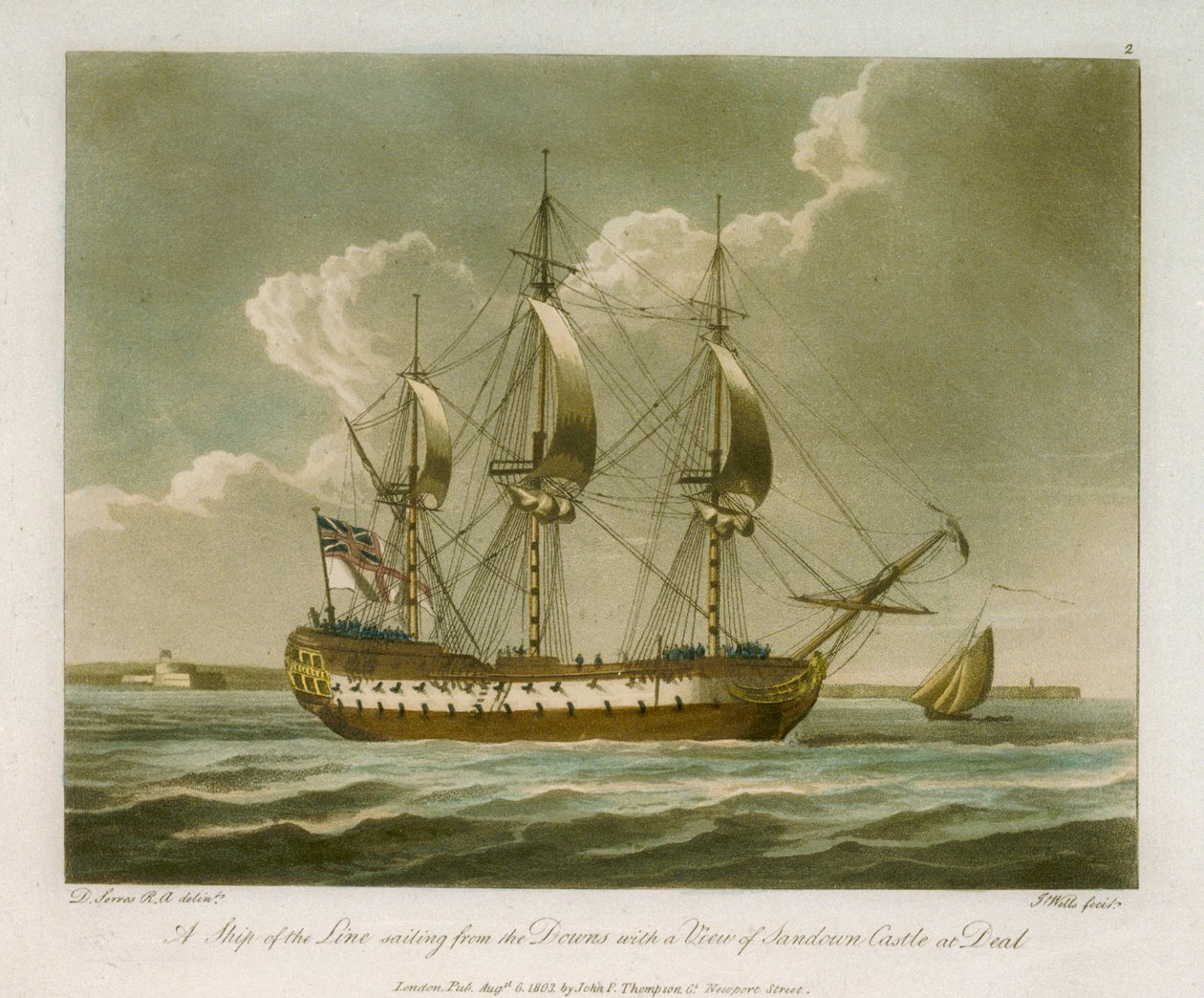 Un vaisseau de ligne naviguant depuis les Downs avec une vue du château de Sandown à Deal - Dominic Serres