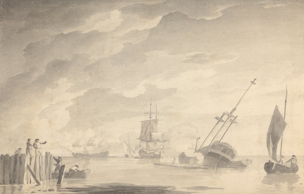 Scène de bataille, trois cuirassés, un en train de couler; figures à gauche dans une barque et sur une jetée - Dominic Serres