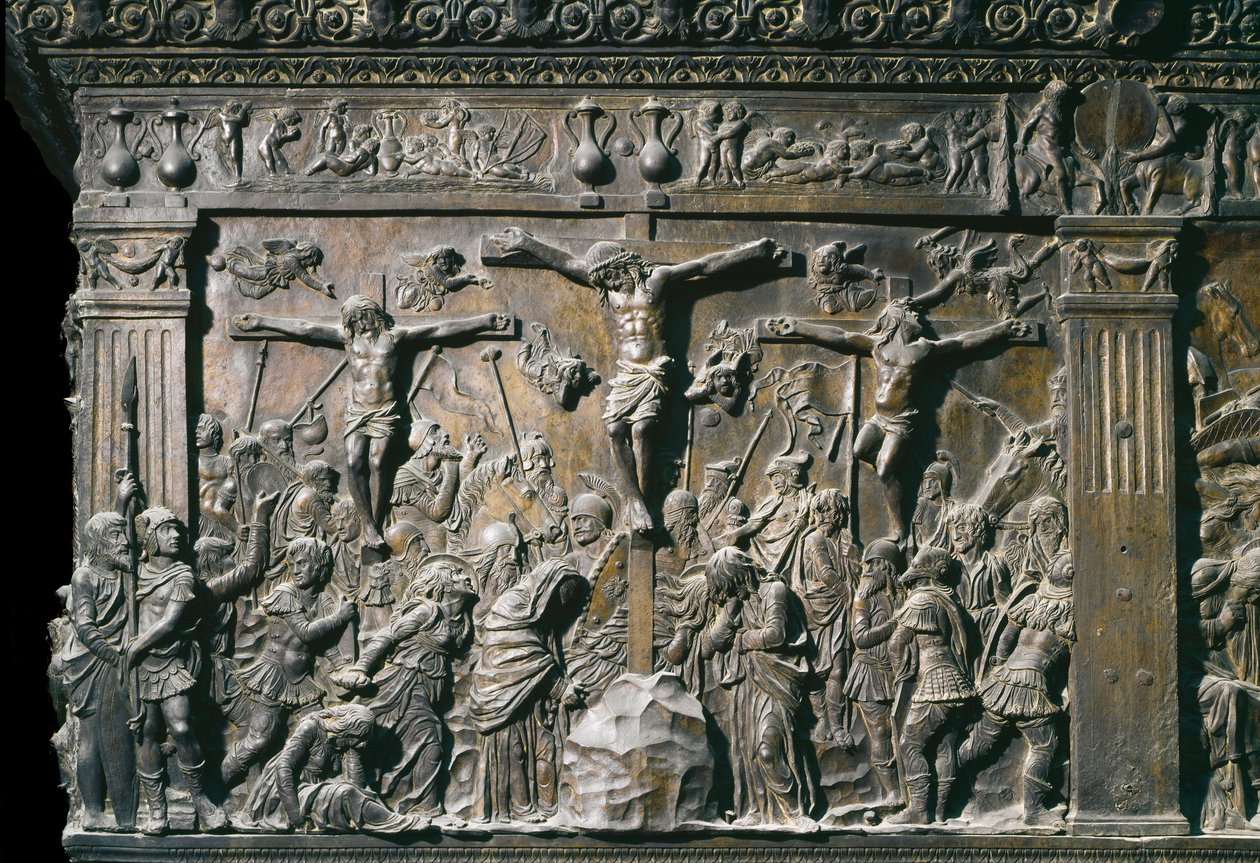 Représentation du bon larron (Dismas) et du mauvais larron (Gesmas), crucifiés avec Jésus-Christ. (détail) - Donatello