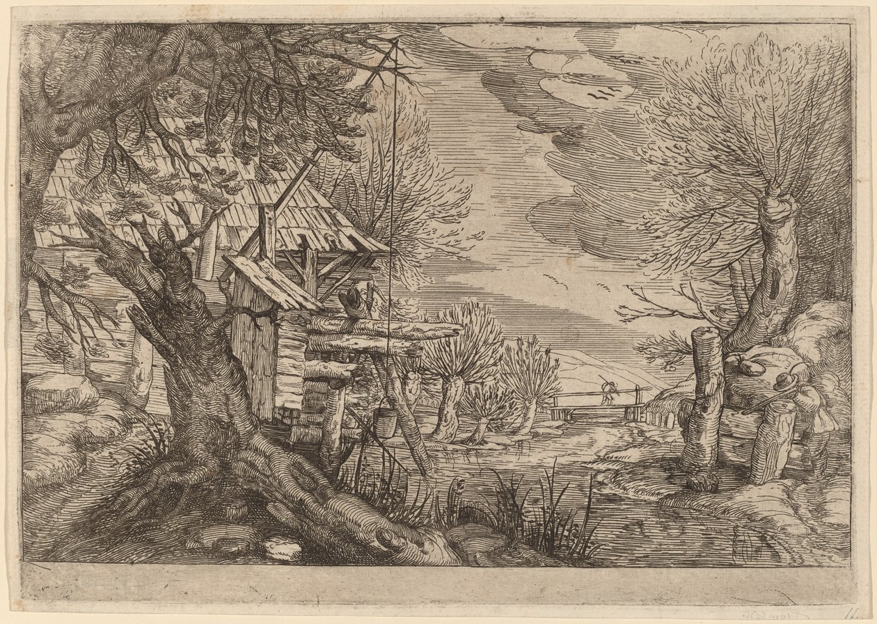 Paysage avec maison en rondins près d