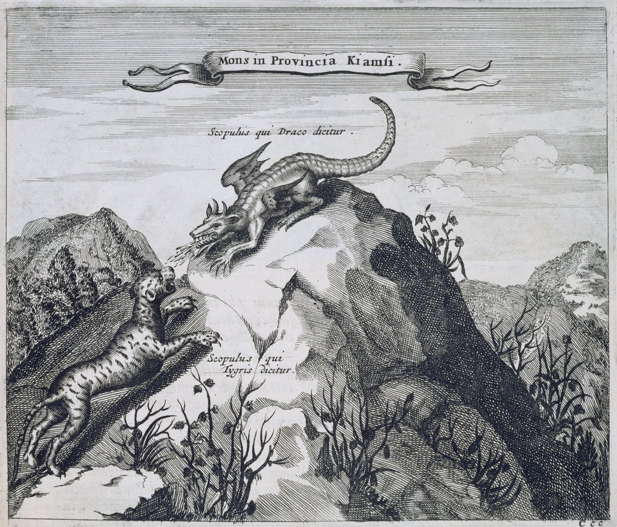 Une montagne dans la province de Jiangxi avec des falaises connues sous le nom de Dragon et Tigre, de la Chine illustrée par Athanasius Kircher, 1667 - Dutch School