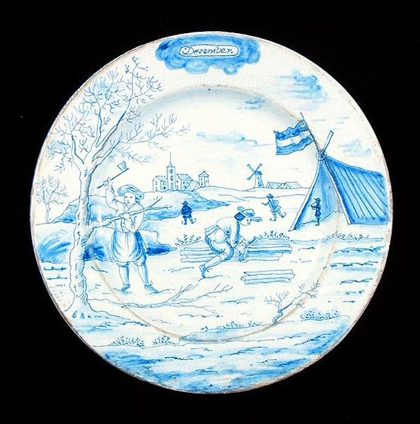 Assiette en faïence de Delft représentant le mois de décembre - Dutch School