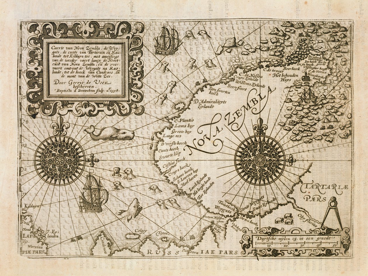 Carte de la nouvelle découverte de Nova Zembla, illustration de Diarium Nauticum, par Gerrit de Veer, 1598 - Dutch School