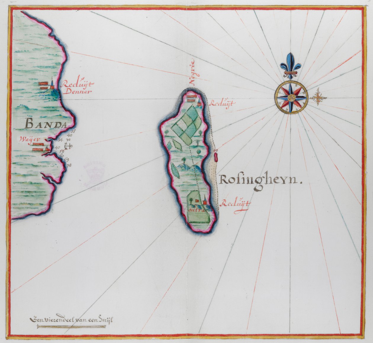 Carte montrant une petite partie de Banda Besar (Lonthoir) et Hatta (Rosengain). Les îles Banda, partie de la province indonésienne de Maluku - Dutch School