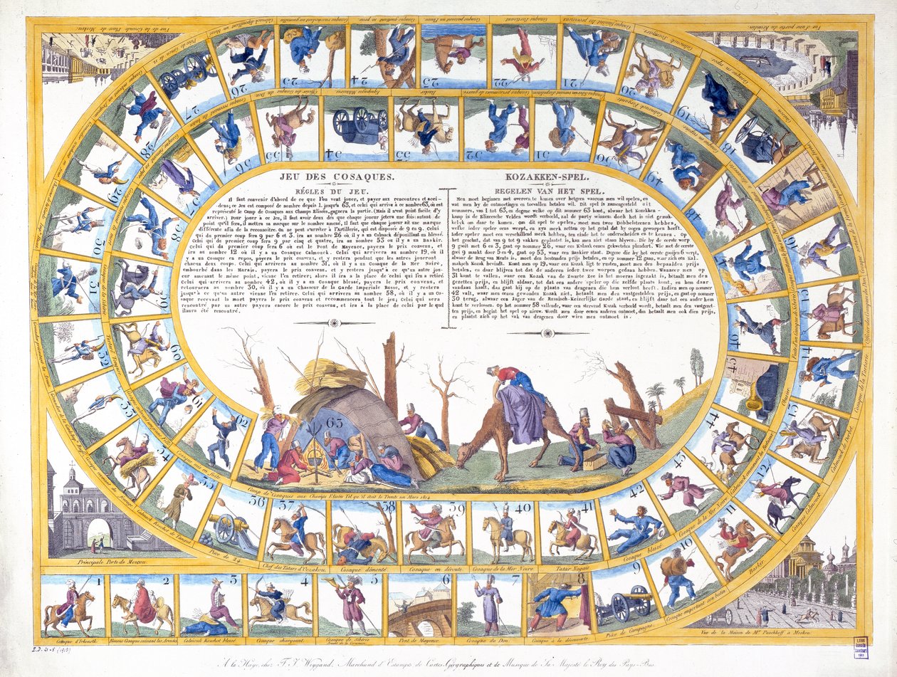 Le Jeu des Cosaques avec des illustrations de différents types de soldats russes, vers 1815-16 - Dutch School