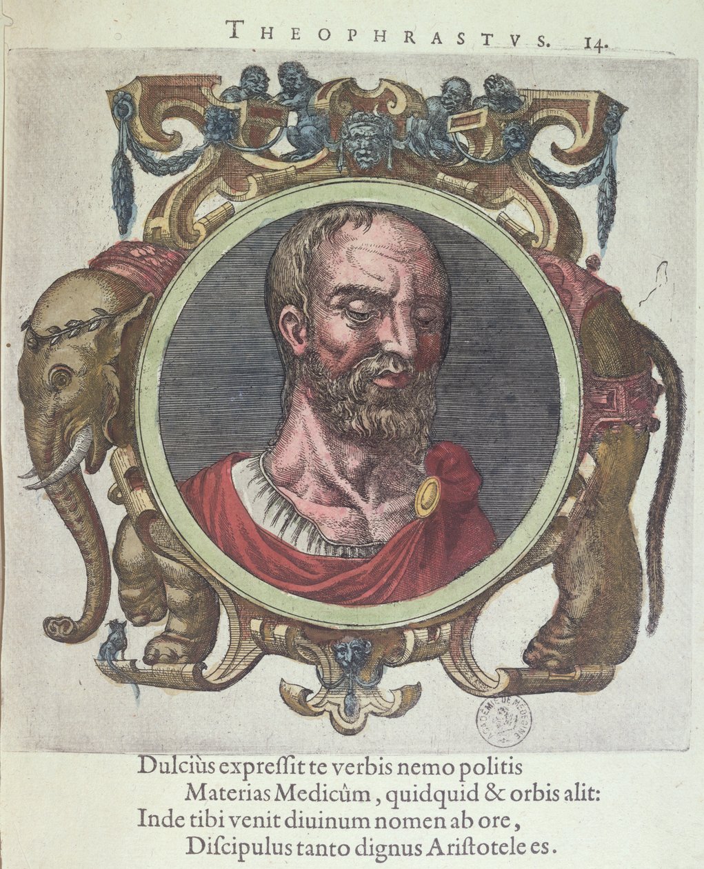 Théophraste (c.372-287 av. J.-C.), illustration de Veterum et Recentium Medicorum Philosophorumque Icones par Johannes Sambucus (1531-84), publiée par Plantin à Leyde en 1603 (gravure en couleur) - Dutch School