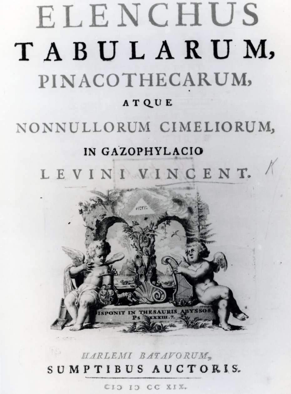 Page de titre pour Elenchus Tabularum par Levinus Vincent, publié en 1719 - Dutch School