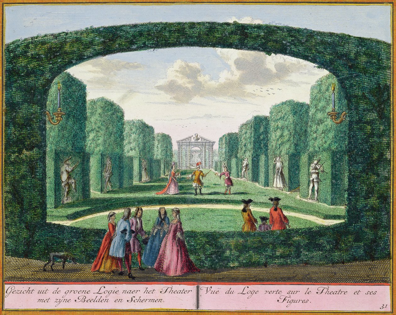 Vue de la loggia verte vers le théâtre, de Het Zeganplant Kennemerlant, par Hendrick de Leth et Matthias Brouerius Van Nidek, publié c.1700-1730 - Dutch School