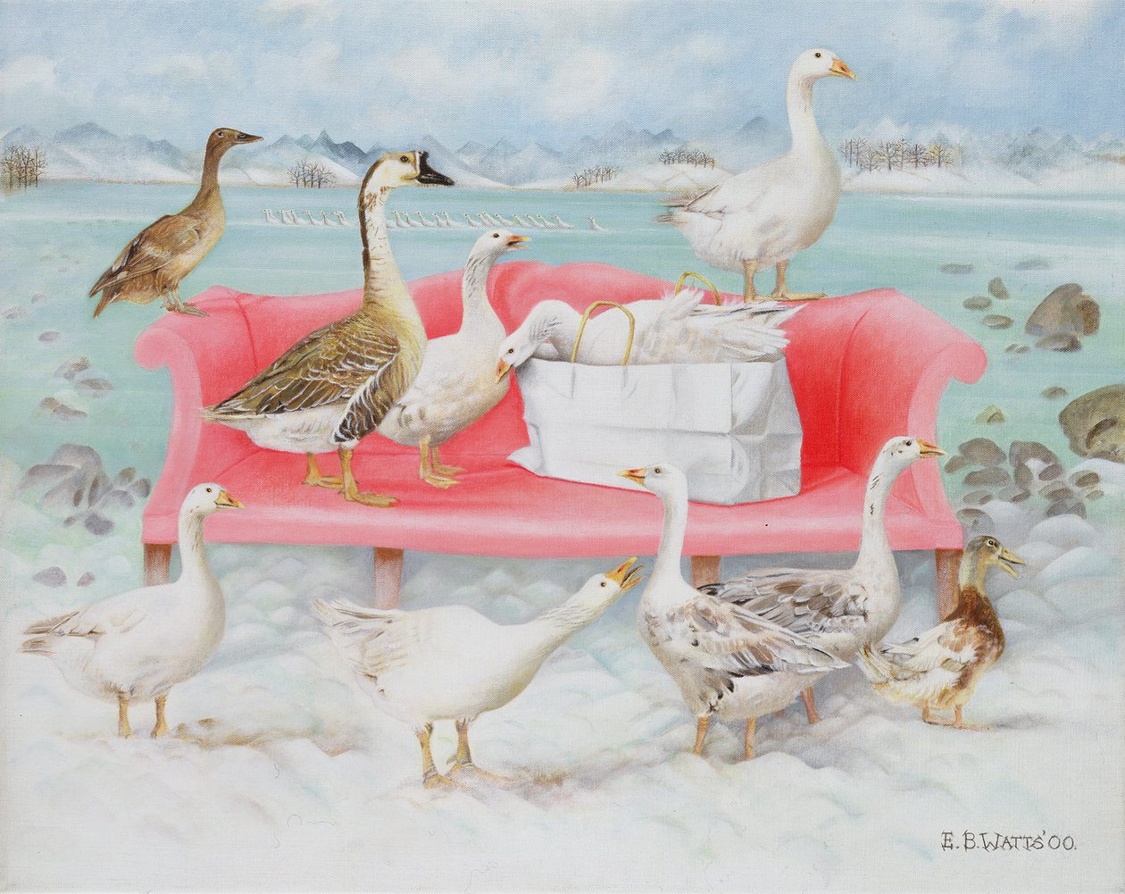 Oies sur un canapé rose, 2000 - E.B. Watts