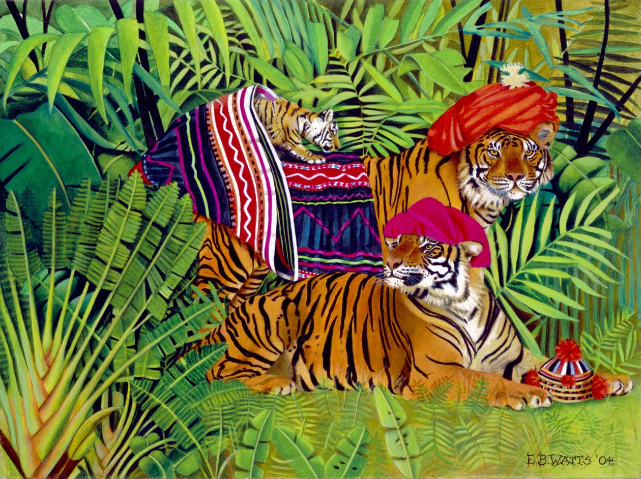 Famille de tigres avec des vêtements thaïlandais, 2004 - E.B. Watts