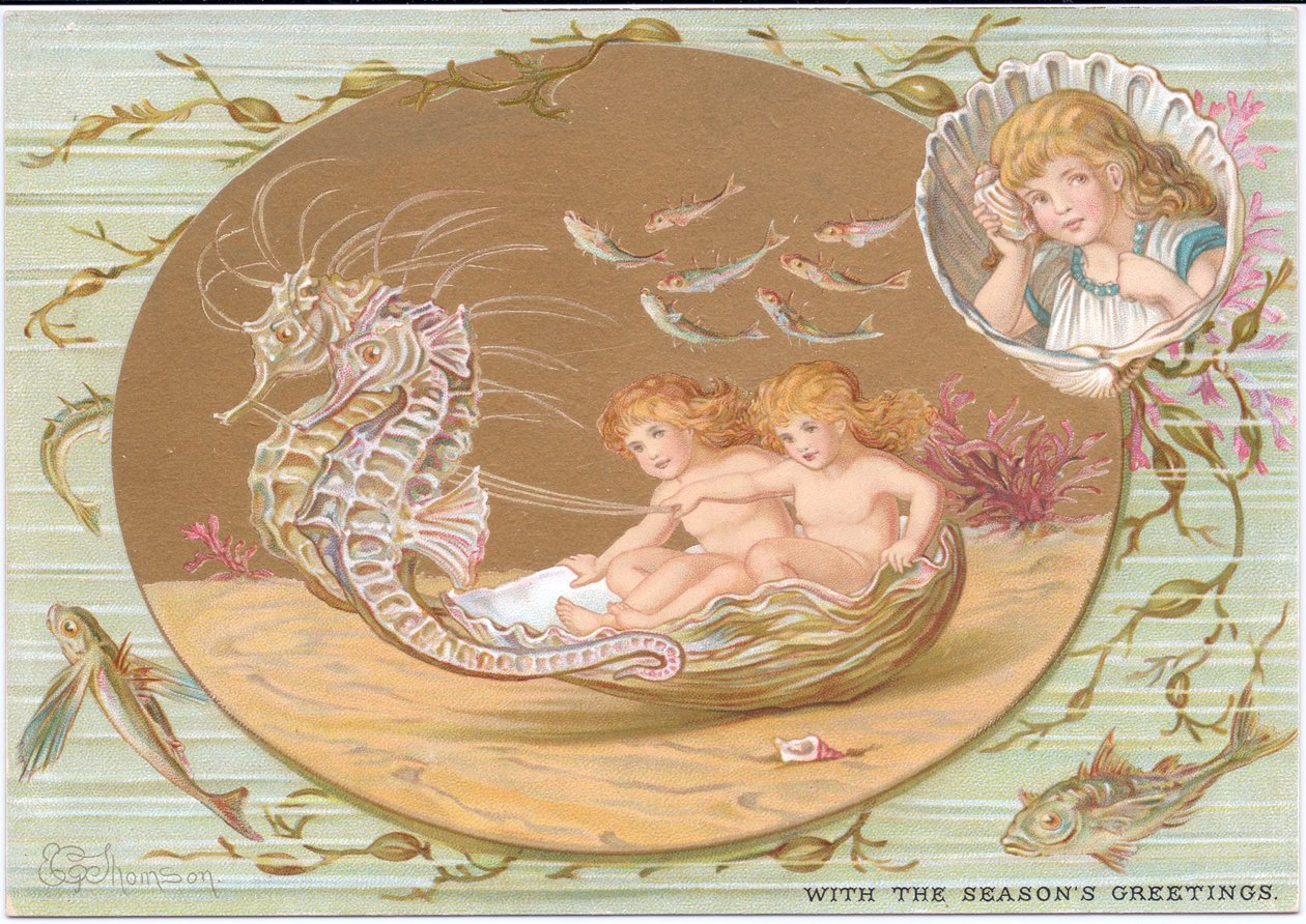 Carte de Noël victorienne de deux bébés aquatiques chevauchant un char en coquillage tiré par des hippocampes, entourés d