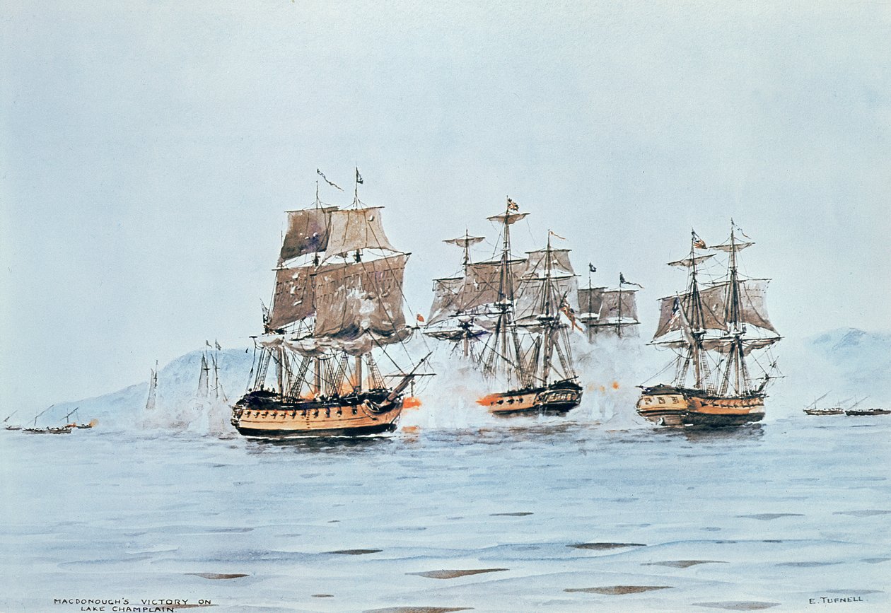 Le commodore Macdonough dans le Saratoga défait les Britanniques, bataille du lac Champlain - E. Tufnell