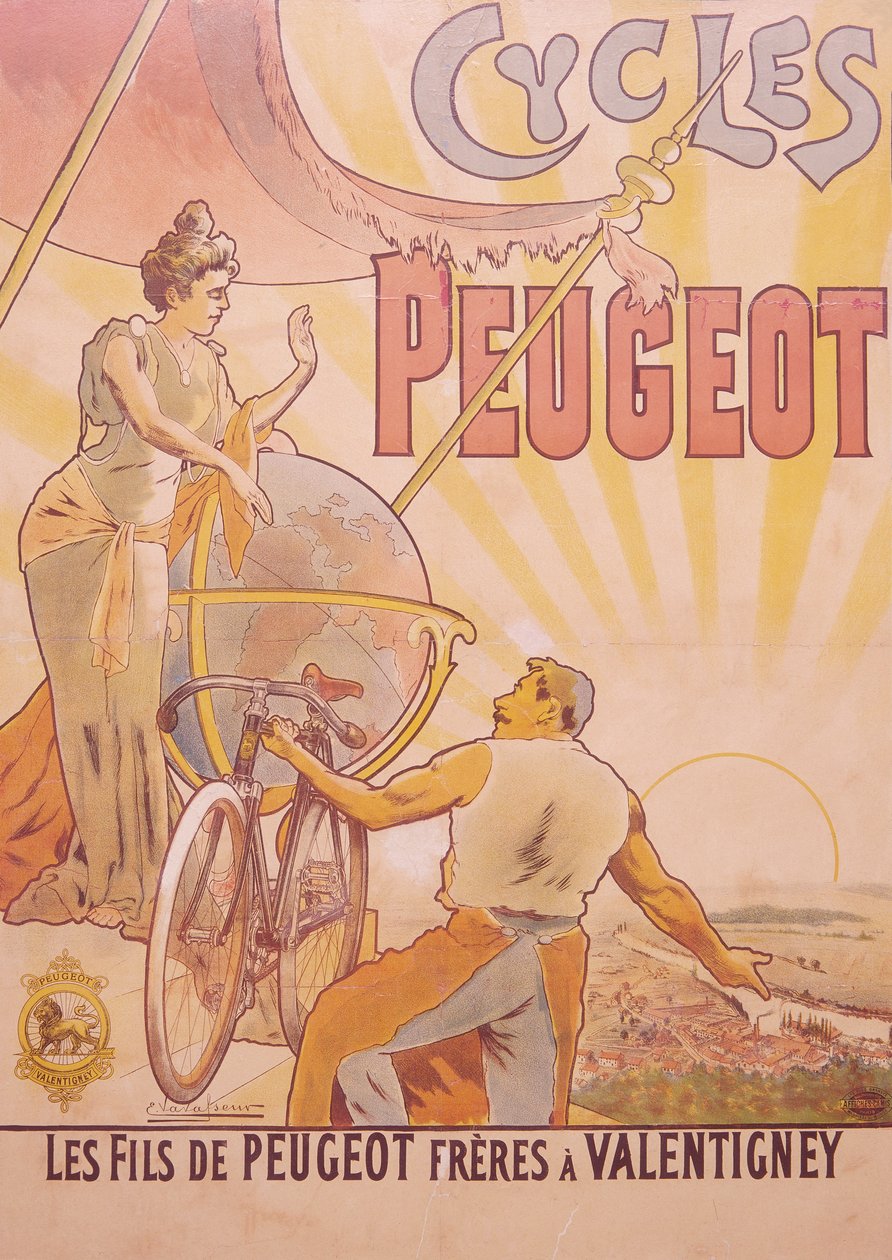 Affiche publicitaire pour les bicyclettes Peugeot, fin 19e-début 20e siècle - E Vavasseur