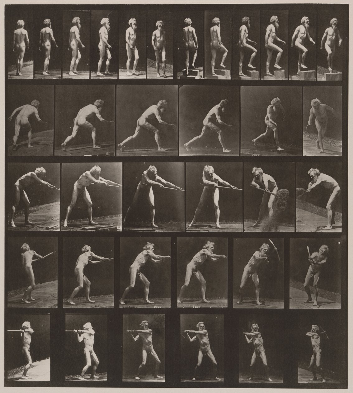 Planche numéro 521. A, marchant ; B, montant une marche ; C, lançant un disque ; D, utilisant une pelle ; E, utilisant une pioche ; F, utilisant une pioche, 1887 - Eadweard Muybridge
