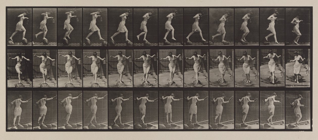 Numéro de plaque 175. Traversée du ruisseau sur des pierres avec une canne à pêche, 1887 - Eadweard Muybridge
