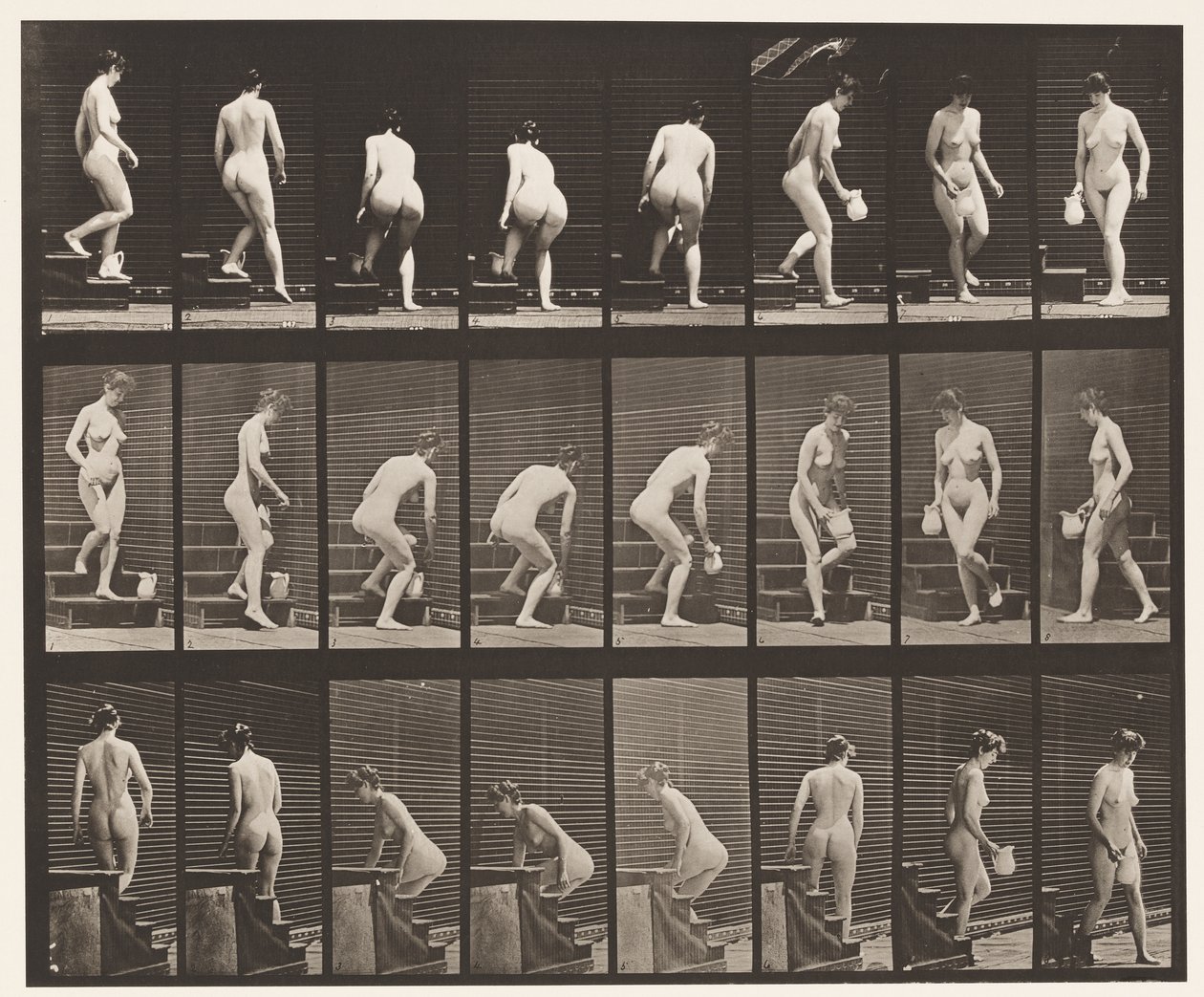 Planche 150. Descente des escaliers; Se pencher, soulever une cruche, tourner - Eadweard Muybridge