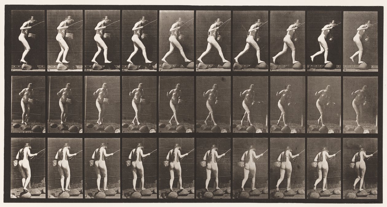 Plaque 176. Traverser un ruisseau sur des pierres avec une canne à pêche et un panier - Eadweard Muybridge