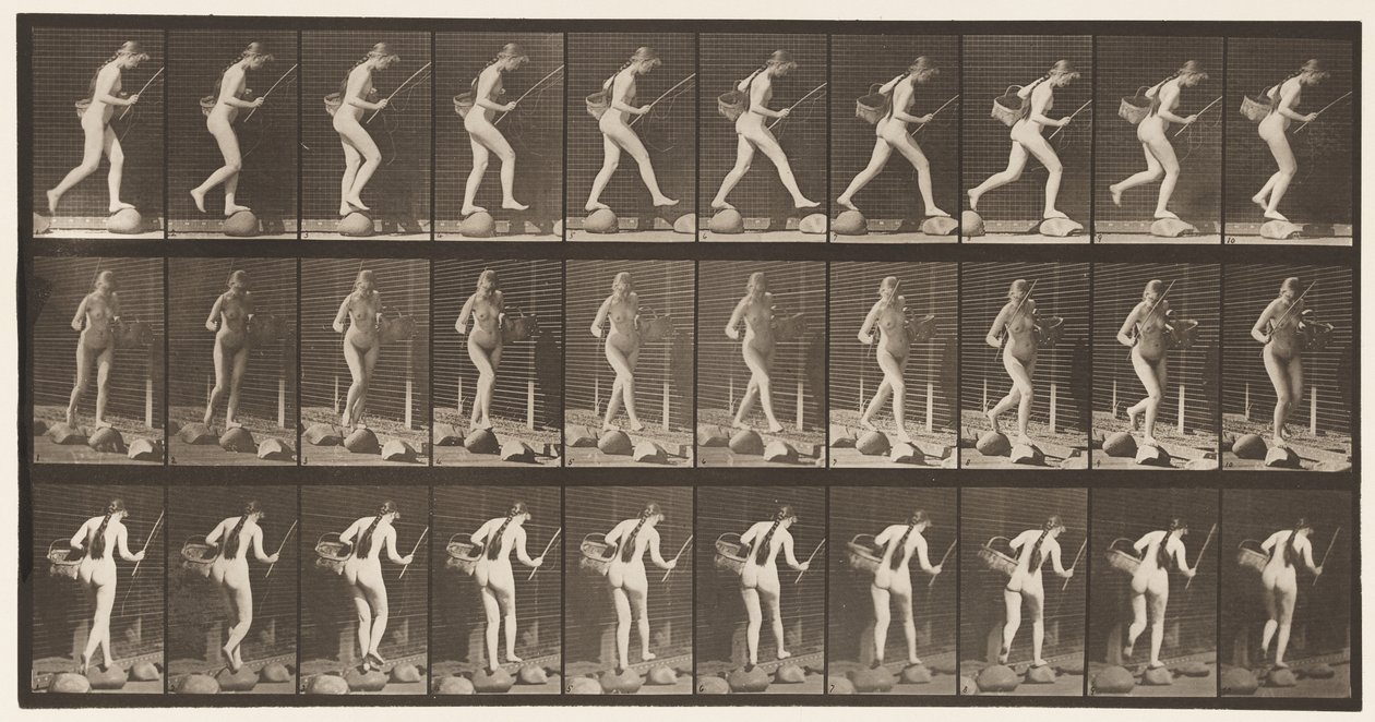 Planche 177. Traverser un ruisseau sur des pierres avec une canne à pêche et un panier - Eadweard Muybridge