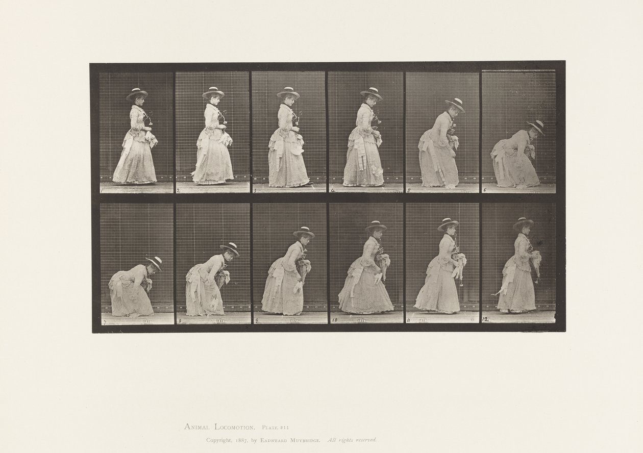 Planche 211. Se pencher et ramasser un mouchoir ; parasol dans la main gauche - Eadweard Muybridge