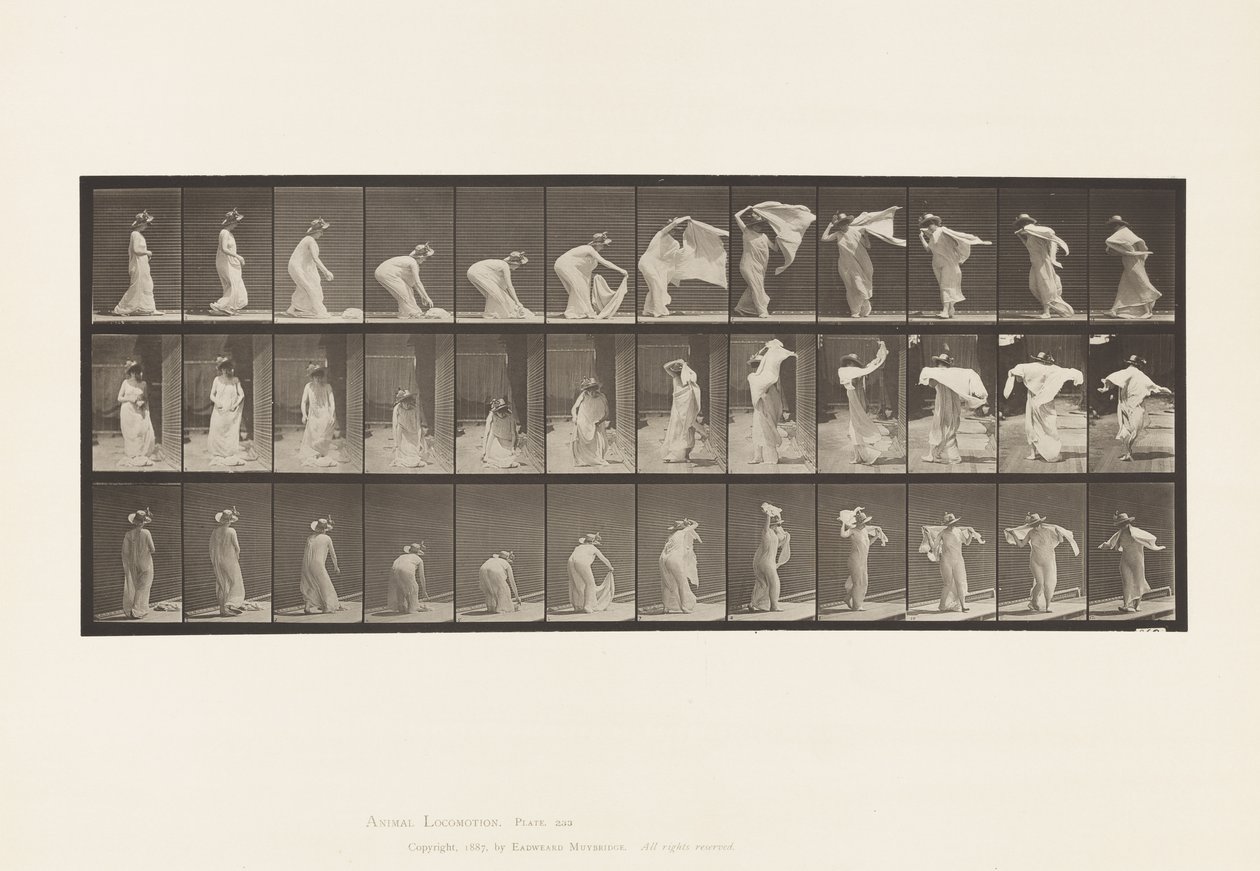 Planche 233. Soulevant un châle, le mettant autour des épaules, se tournant - Eadweard Muybridge