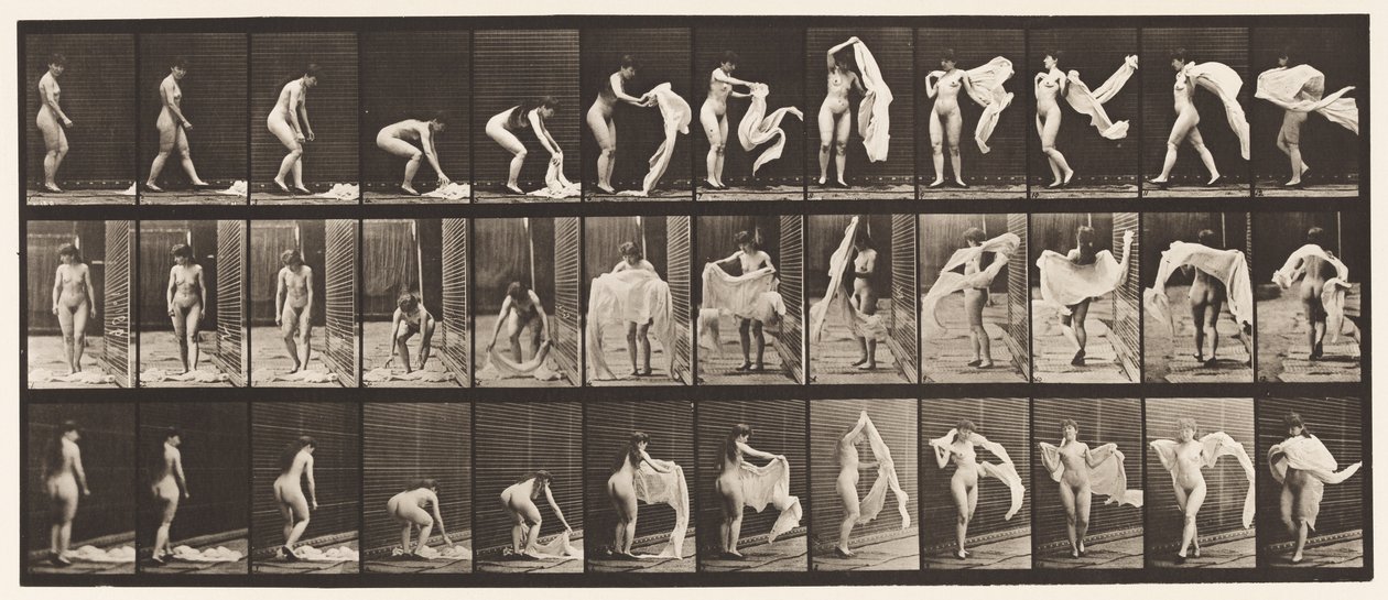 Planche 419. Toilette, se pencher, jeter un châle autour des épaules - Eadweard Muybridge