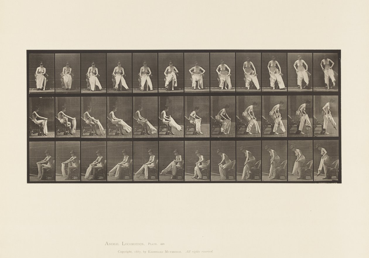 Planche 420. Toilette; se levant de la chaise et mettant des vêtements, 1885 - Eadweard Muybridge