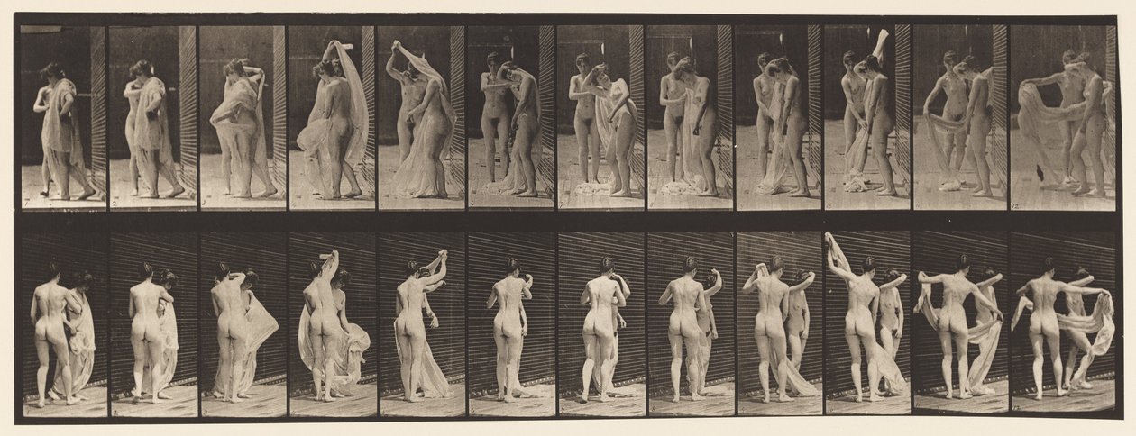 Planche 428. Toilette; Deux modèles, 1 se déshabillant 8, 1872-1885 - Eadweard Muybridge