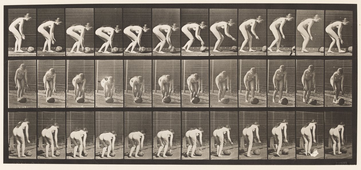 Planche 442. Se pencher et rouler une pierre par terre - Eadweard Muybridge