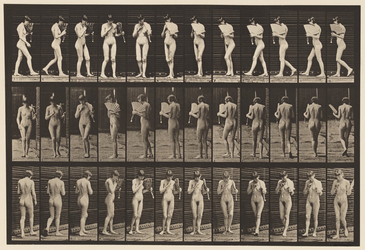 Planche 46. Marche, agitant un éventail et se retournant - Eadweard Muybridge