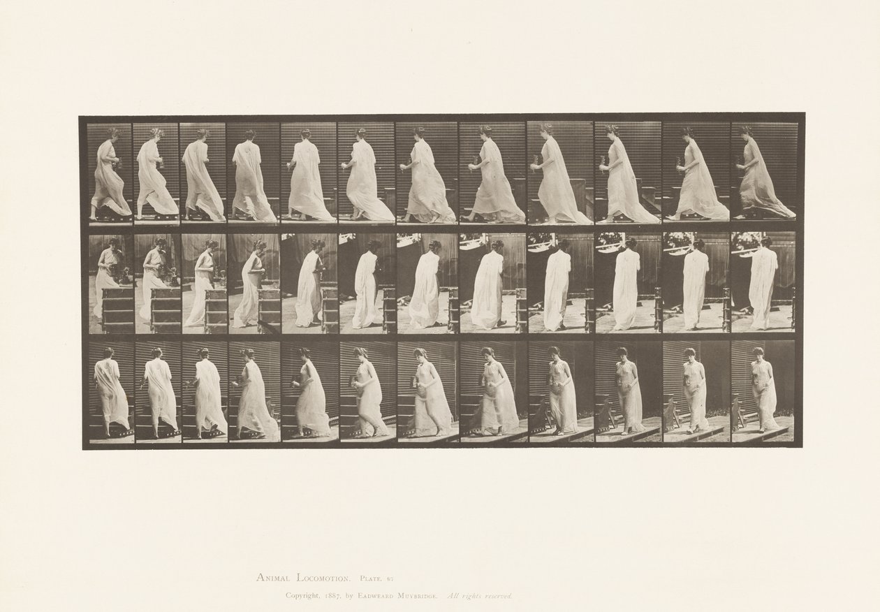 Planche 97. Tourner pour monter les escaliers, avec pichet et gobelet dans les mains - Eadweard Muybridge