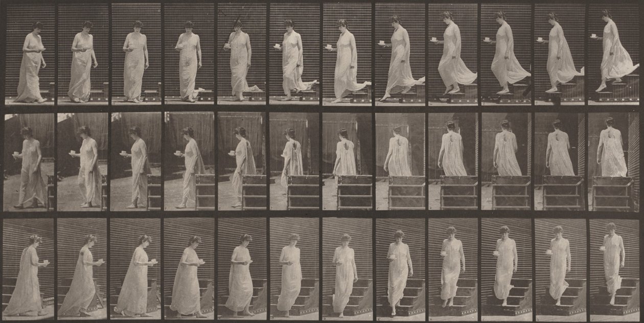 Planche numéro 143. Descendant les escaliers, une tasse et une soucoupe dans la main droite - Eadweard Muybridge