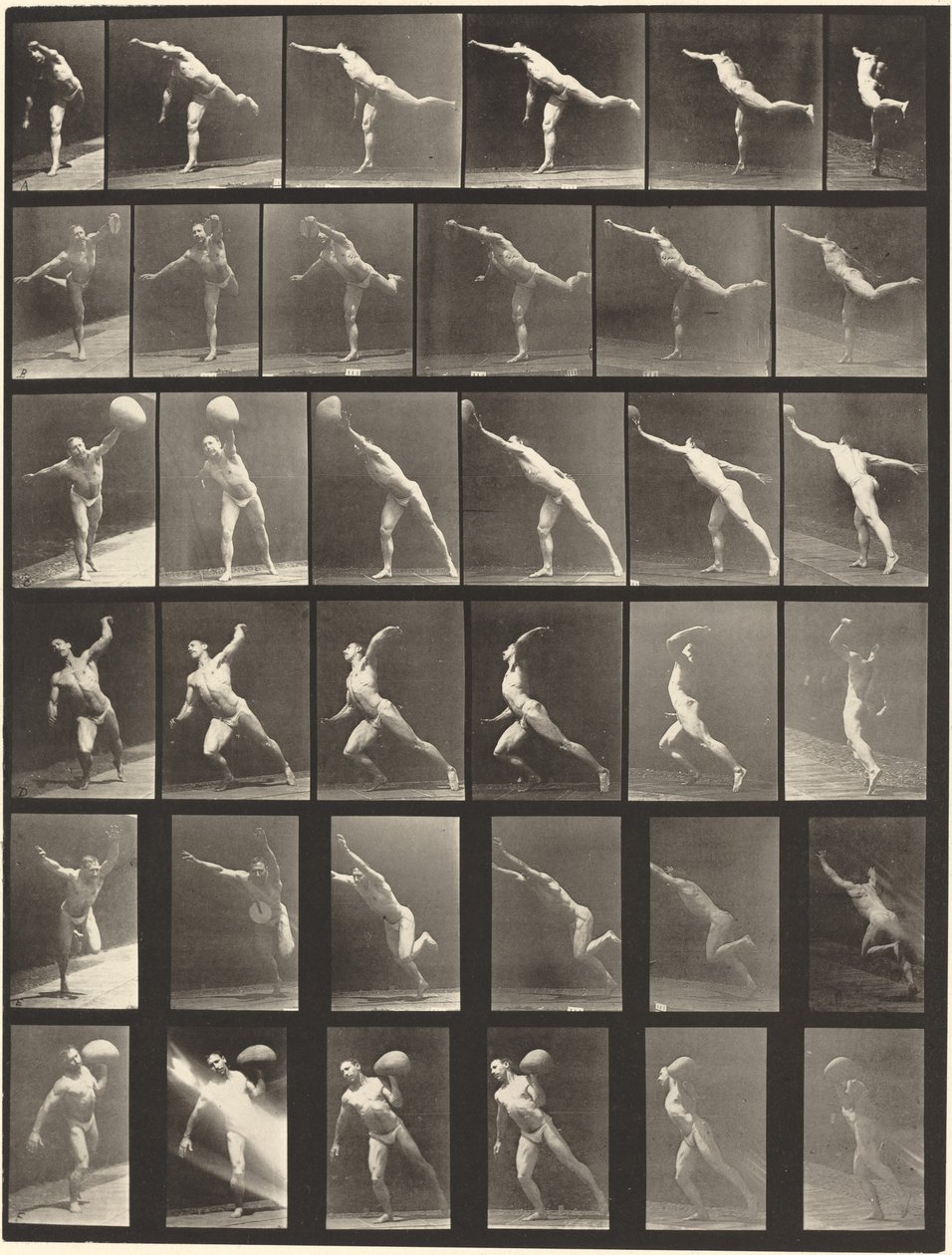 Planche numéro 523. A : Donner un coup. B, E : Lancer un disque. C, F : Soulever une pierre de 75 lb. D : Lancer une balle - Eadweard Muybridge