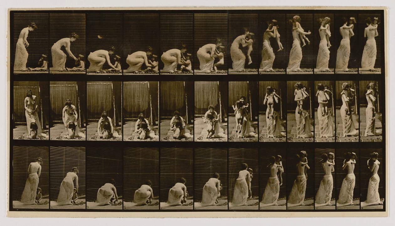 Femme soulevant et portant un enfant, extrait du livre Animal Locomotion - Eadweard Muybridge