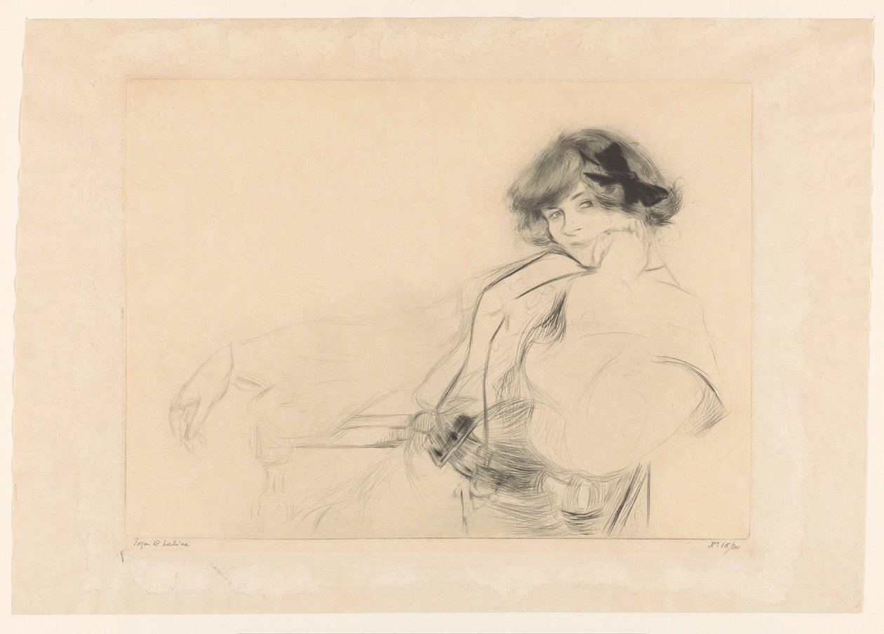 Jeune femme avec un nœud dans les cheveux assise sur une chaise - Edgar Chahine (signed by artist)