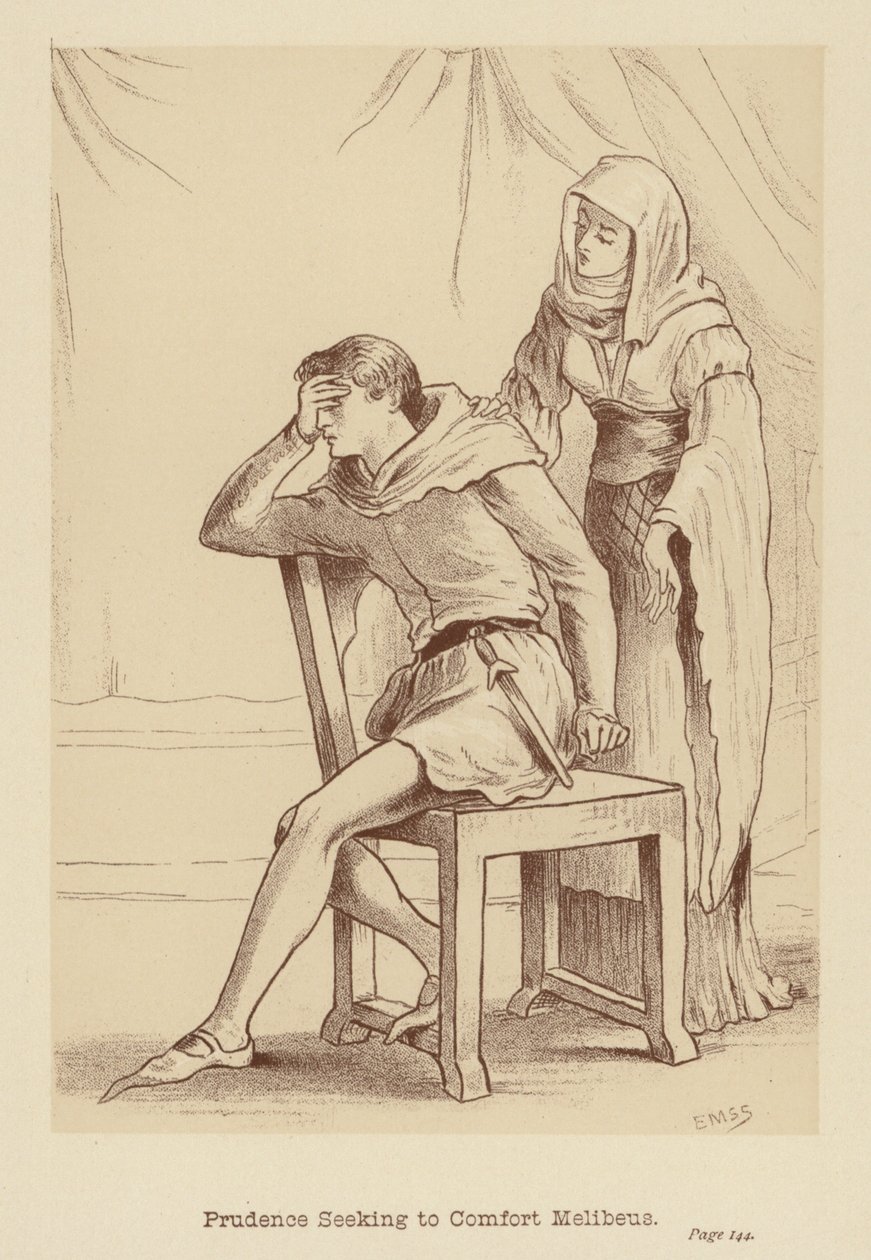 Prudence cherchant à réconforter Melibeus (litho) - Edith Scannell